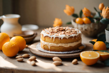 Delicious sweet cake with orange and almond petals on grey wooden tableの素材