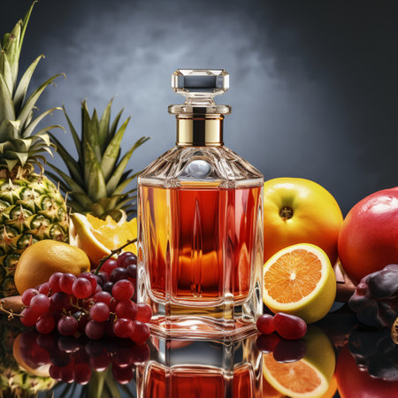 a perfume bottle is filled with different types of berries and fruitsの素材