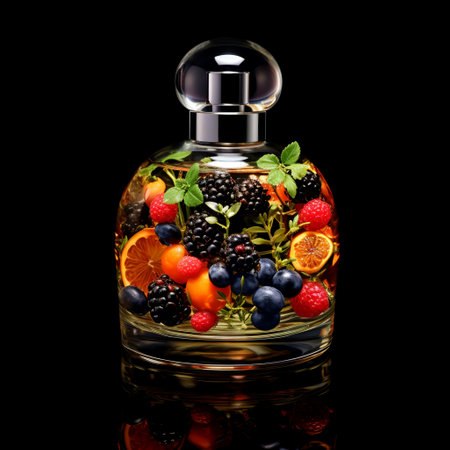 a perfume bottle is filled with different types of berries and fruitsの素材