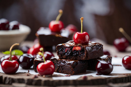 Brownies with Decorative Cherries on a wooden tableの素材