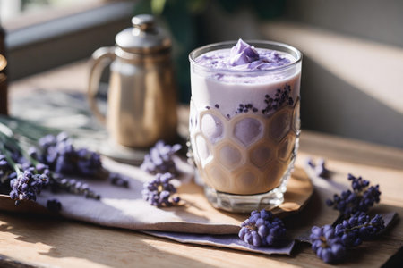 Iced Lavender Coffee Latte on a wooden tableの素材