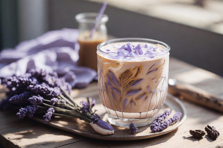 Iced Lavender Coffee Latte on a wooden tableの素材