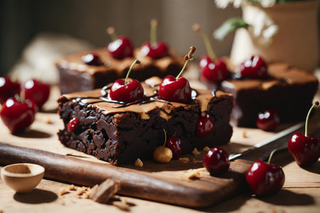 Brownies with Decorative Cherries on a wooden tableの素材