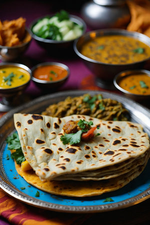 closeup shot of paratha with vegetable curry, freshly cookedの素材