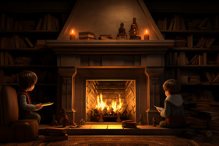 two children sitting ilooking at the bookの素材