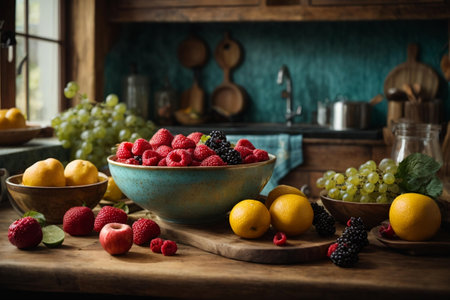A cozy, rustic kitchen with a wooden table and chairs, a bowl of fresh colorful fruitsの素材