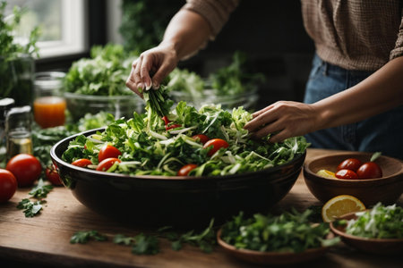 Woman hands washing Vegetables for Preparation of vegan salad on the worktopの素材