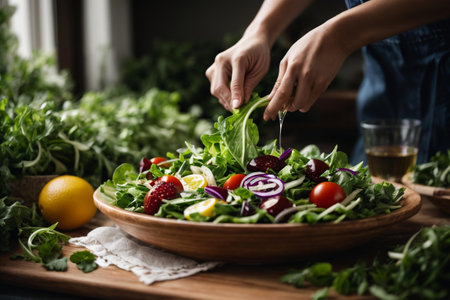 Woman hands washing Vegetables for Preparation of vegan salad on the worktopの素材