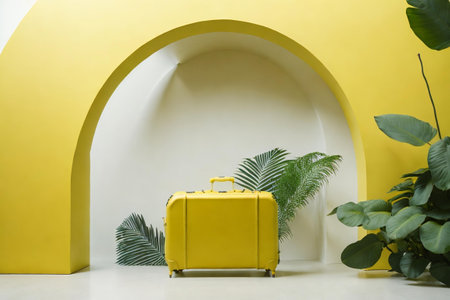 minimalist shot of suitcase in front of the large white wallの素材