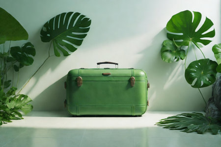 minimalist shot of suitcase in front of the large white wallの素材