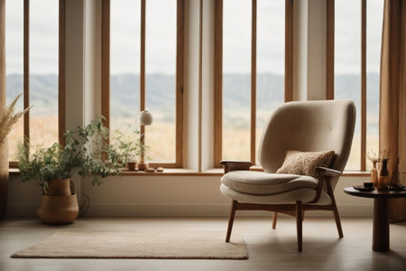 A simple room with a chair is next to a windowの素材