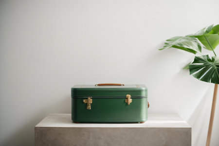 minimalist shot of suitcase in front of the large white wallの素材