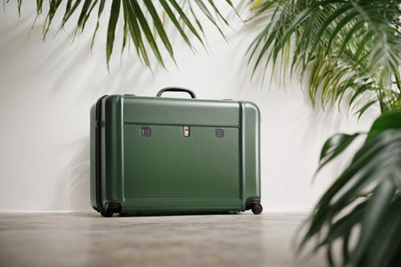 minimalist shot of suitcase in front of the large white wallの素材