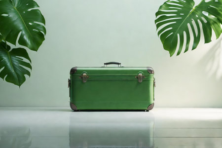 minimalist shot of suitcase in front of the large white wallの素材