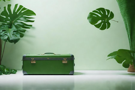 minimalist shot of suitcase in front of the large white wallの素材