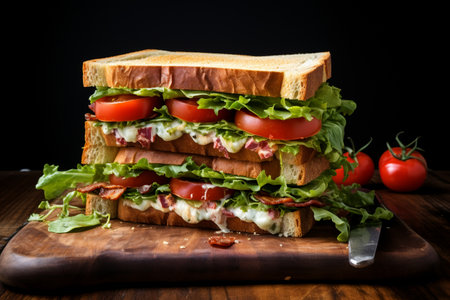 Close up of tall sandwich on tableの素材