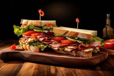 a sandwich with ham on a wooden cutting boardの素材
