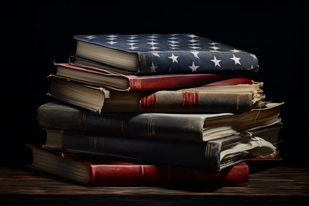 Close-up view of Books on American Flagの素材