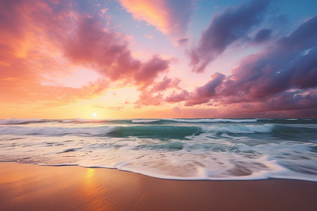 Amazing beach sunset with endless horizon and lonely figures in the distance,の素材