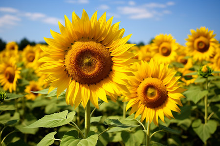 Close-up of sunflower in field of sunflowers,の素材