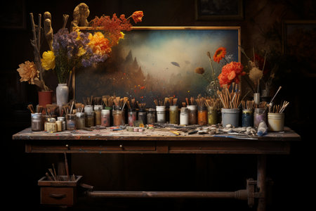 empty artist canvas on wooden easel and paint brushes Retro toned photoの素材