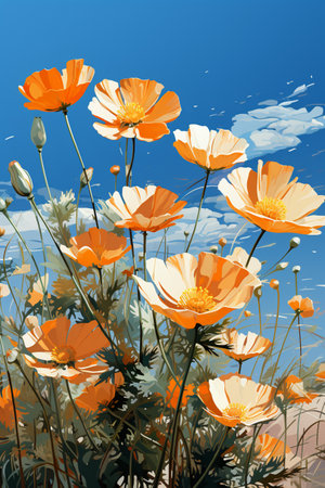 beautiful orange coloured California poppies against a blue skyの素材
