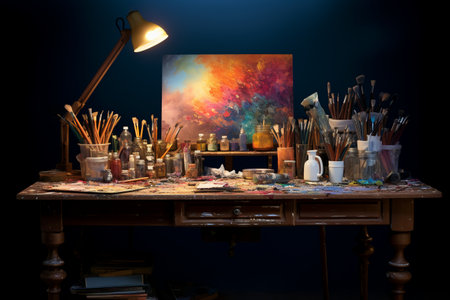 empty artist canvas on wooden easel and paint brushes Retro toned photoの素材