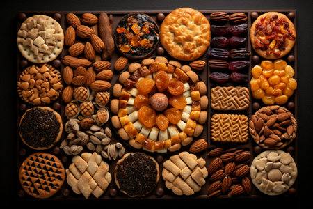 Turkish sweets on a decorative plate on a dark backgroundの素材
