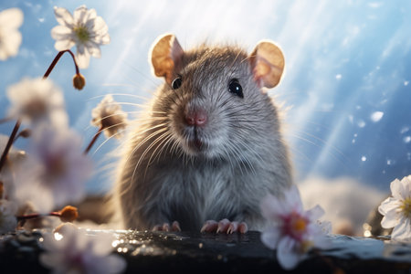 Little cute white mouse sitting on a branch of a spring floweringの素材