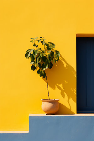 a blue and yellow building with a plant in front of itの素材