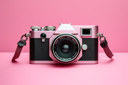 Old film camera on pink background.の素材