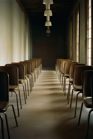 Desks and chairs arranged in classroom at high schoolの素材