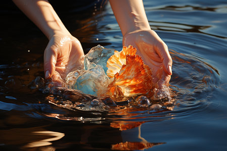 \Persons hand holding a seashell with a starfish in it.の素材