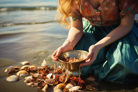 \Persons hand holding a seashell with a starfish in it.の素材