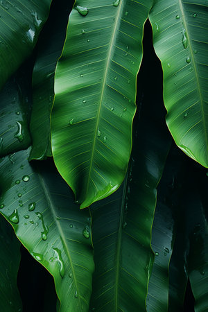 tropical banana palm leaves texture green backgroundの素材