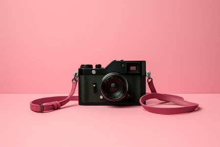 Old film camera on pink background.の素材