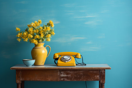 Vintage golden telephone arrangement on sky blue backgroundの素材