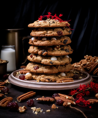 stack of oatmeal cookies with dried fruits and nutsの素材