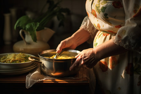 woman with apron cooking, framing close up shot of casseroleの素材
