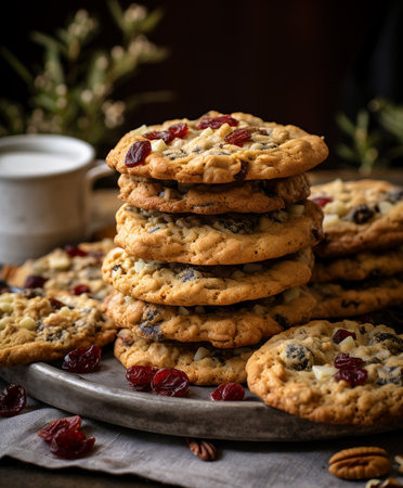 stack of oatmeal cookies with dried fruits and nutsの素材