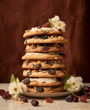 stack of oatmeal cookies with dried fruits and nutsの素材