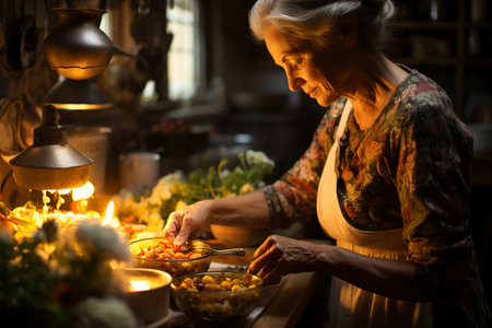 woman with apron cooking, framing close up shot of casseroleの素材