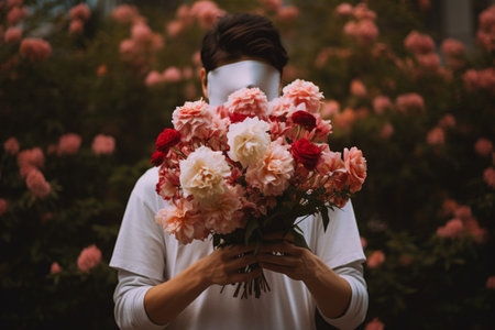 Portrait of a person holding a bouquet of flowersの素材