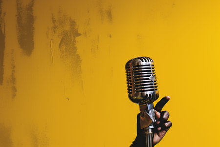 hand holds vintage microphone, on bright yellow backgroundの素材