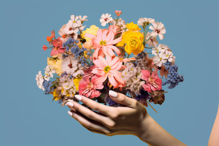 Hand holding beautiful flower bouquet on blue backgroundの素材