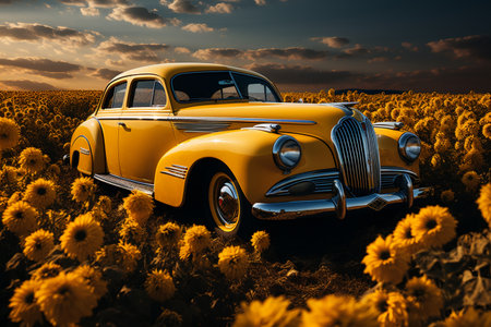 a vintage car in a field of sunflowers on a sun-kissed dayの素材
