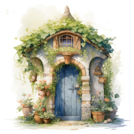 watercolour cozy door with flowers on white backgroundの素材
