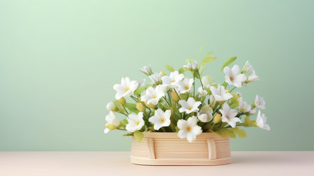 White flowers in wooden basket on pastel spring backgroundの素材