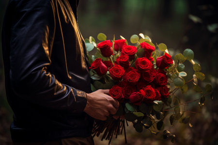 a mysterious man presents a vibrant bouquet of red rosesの素材
