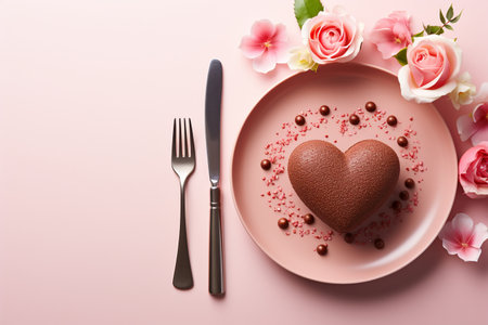 Heart shaped cookie in plate on isolated pastel pink backgroundの素材